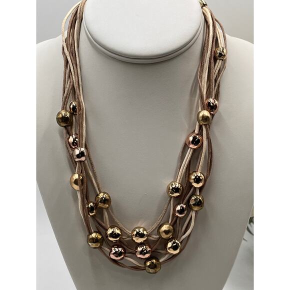 St. Thomas Mixed Metal Multi Strand Beaded Silk Cord Statement Necklace - Picture 2 of 10